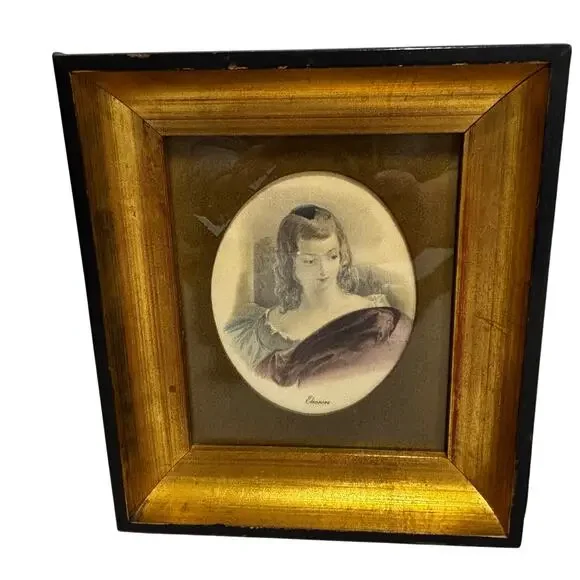 Vintage set (3) framed art prints portraits named women wooden double frames